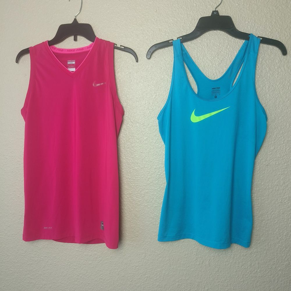Nike Pro Dri-FIT Tank Top Bundle Pink V-Neck & Blue Racerback Size Medium 2 Pack